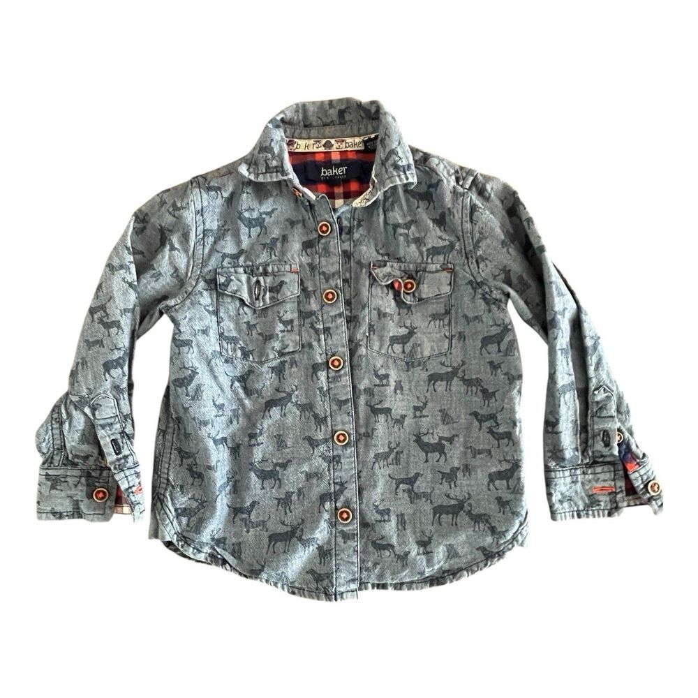 Ted Baker Baby Boys 2T Blue Denim Button Up Shirt Dressy‎ Woodland Deer Dogs